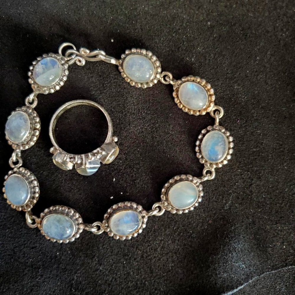 Sterling Silver Blue Moonstone Bracelet and Ring Set